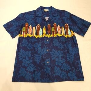 Aloha Republic Vintage Hawaiian Shirt Mens Medium Blue Surfboards Flowers